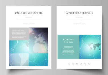 A4 formatında düzenlenebilir yerleşimini vektör çizim tasarım şablonları broşür, dergi, broşür, kitapçık, rapor için kapsar. Molekül yapısı, çizgiler ve noktalar bağlama. Teknoloji kavramı.