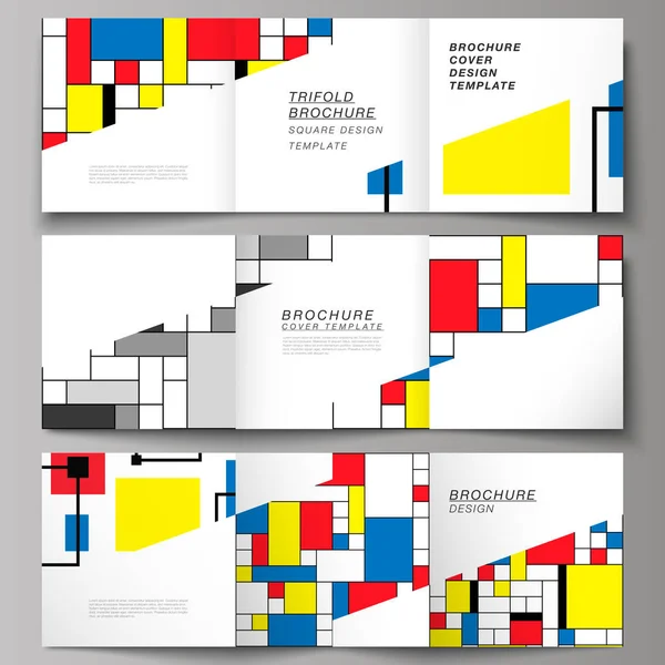 O layout editável vetorial mínimo de formato quadrado abrange modelos de design para folheto triplo, folheto, revista. Abstrato fundo poligonal, padrão de mosaico colorido, retro bauhaus de stijl design — Vetor de Stock