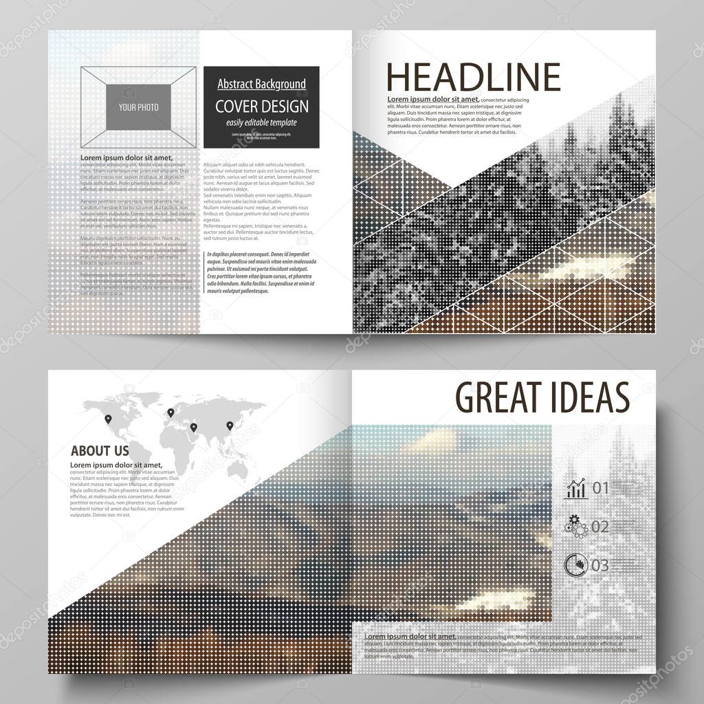 Business templates for square design bi fold brochure, flyer, booklet or annual report. Leaflet cover, vector layout. Abstract landscape of nature. Dark color pattern in vintage style, mosaic texture.