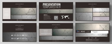 İş şablonları HD sunma kaymak için biçimlendirin. Düz tasarım kolay düzenlenebilir soyut vektör düzenler. Kimya desen, molekül yapısı gri arka plan üzerinde. Bilim ve teknoloji kavramı.