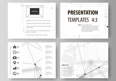 İş şablonları sunma kaymak için kümesi. Düz tasarım kolay düzenlenebilir soyut vektör düzenler. Geometrik mavi renk arka plan, molekül yapısı, bilim kavramı. Bağlantılı çizgiler ve noktalar.