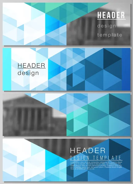 Başlıklar, afiş tasarım şablonları düzenlenebilir yerleşimini minimalist vektör Illustration. Mavi renk poligonal arka plan ile üçgenler, renkli mozaik desen. — Stok Vektör