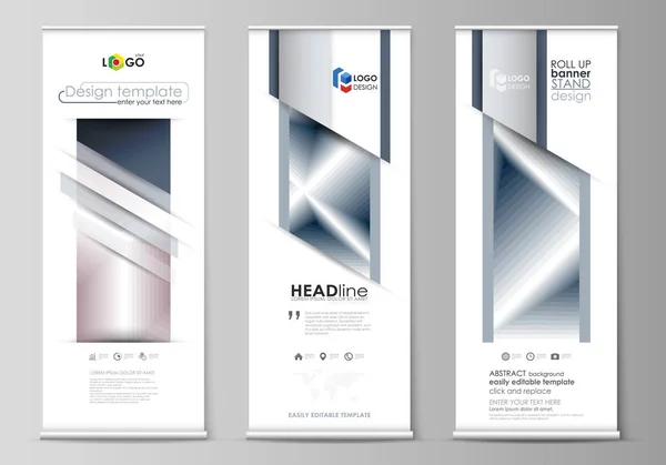 Conjunto de stands de banner roll up, modelos de design plano, conceito de negócio, folhetos vetoriais verticais corporativos, layouts de bandeira. Padrão geométrico monocromático simples. Estilo poligonal abstrato, fundo elegante —  Vetores de Stock