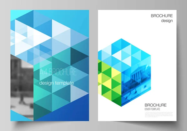 Šablony pro brožury, časopis, letáky, brožury, výroční zpráva návrhu vektorové rozložení A4 formát moderní potah maket. Modrá barva polygonální pozadí s trojúhelníky, barevná mozaika. — Stockový vektor