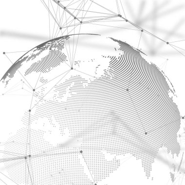Dünya Dünya gri gölge ile. Soyut küresel ağ bağlantıları, geometrik tasarım teknoloji kavramı arka plan. Kimya desen, molekül yapısı, bağlanan çizgiler ve noktalar.