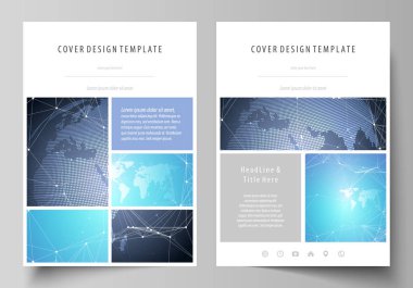 A4 formatında düzenlenebilir yerleşimini vektör çizim tasarım şablonları broşür, dergi, broşür, kitapçık, rapor için kapsar. Soyut küresel tasarım. Kimya desen, molekül yapısı.