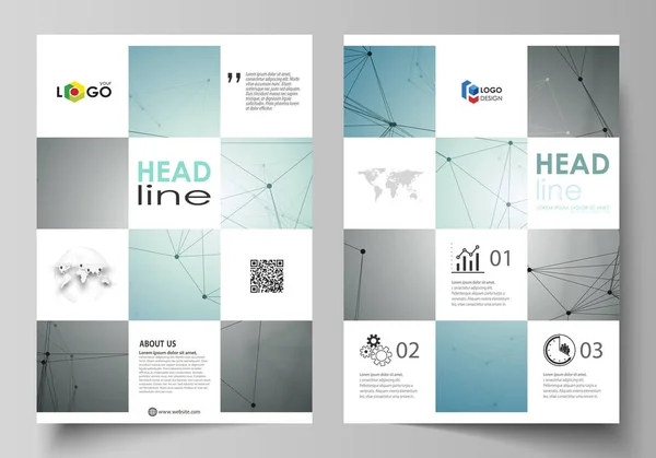 Zakelijke sjablonen voor brochure, flyer, magazine, boekje, verslag. Betrekking hebben op Ontwerpsjabloon, vector lay-out in A4-formaat. Geometrische achtergrond. Moleculaire structuur. Wetenschappelijke, medische, technologie concept. — Stockvector