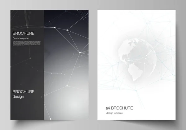 Vector layout of A4 format cover mockups design templates for brochure, flyer, booklet. Futuristic design with world globe, connecting lines and dots. Global network connections, technology concept. — Stock Vector