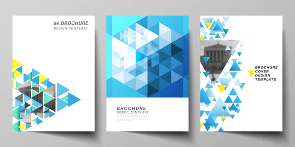 De indeling van de vector van A4 formaat moderne cover testmodellen ontwerpsjablonen voor brochure, magazine, flyer, brochure, jaarverslag. Blauwe kleur veelhoekige achtergrond met driehoeken, kleurrijke mozaïek patroon. — Stockvector