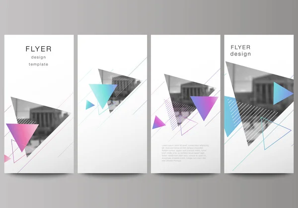 The minimalistic vector illustration of the editable layout of flyer, banner design templates. Colorful polygonal background with triangles with modern memphis pattern. — Stock Vector