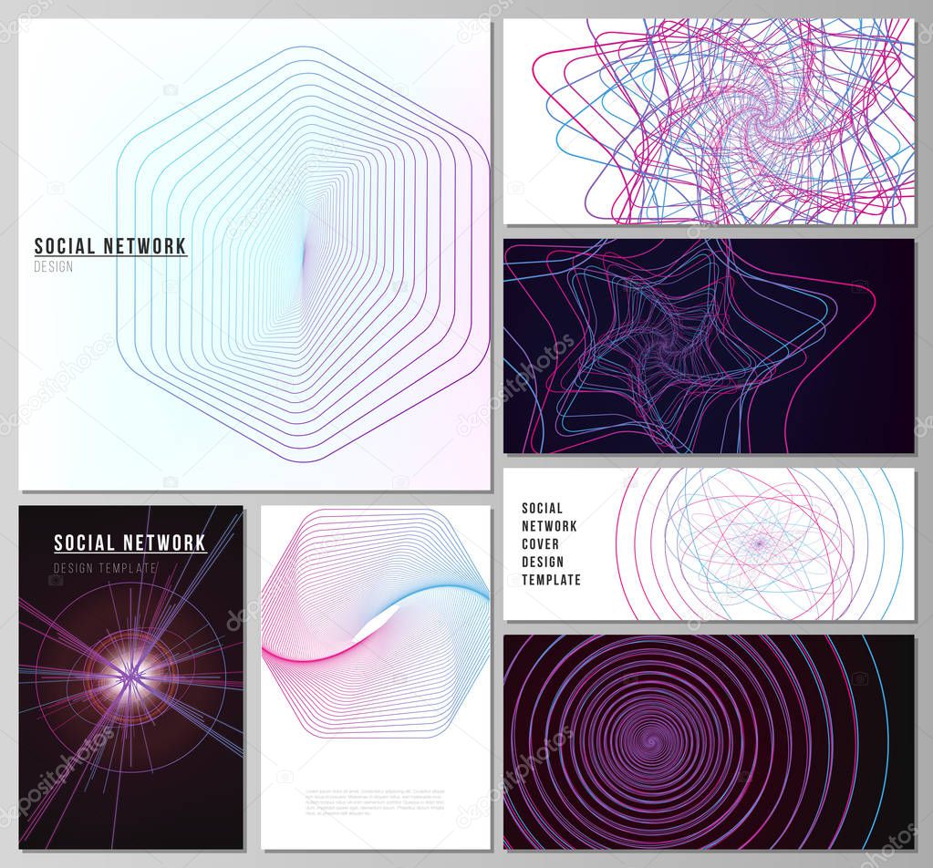 Vector illustration of the editable layouts of modern social network mockups in popular formats. Random chaotic lines that creat real shapes. Chaos pattern, abstract texture. Order vs chaos concept.