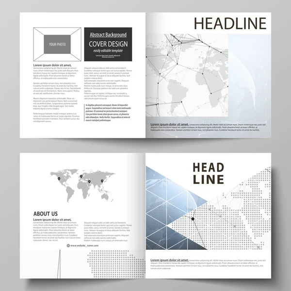 Die Vektorillustration des editierbaren Layouts von zwei Covervorlagen für quadratische Design-Doppelfaltenbroschüre, Magazin, Flyer, Booklet. Weltkugel auf blau. Globale Netzwerkverbindungen, Linien und Punkte. — Stockvektor