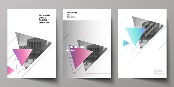 A4 format moderna cover mockups vektor layout design mallar för tidskrift, häfte, flyer, broschyr, årsrapport. Färgglada polygonal bakgrund med trianglar med moderna memphis mönster. — Stock vektor