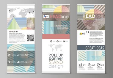 Rulo afiş standları, soyut stil şablonları, modern iş kavramı, kurumsal dikey vektör el ilanları, bayrak düzenleri kadar. Çizgili, geometrik minimalist tasarımı oluşturan güzel arka plan şekilleri.