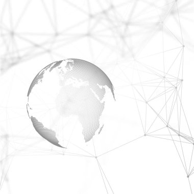 Soyut fütüristik ağ şekiller. Yüksek teknoloji arka plan, bağlayan çizgiler ve noktalar, poligonal doğrusal doku. Dünya küre üzerinde beyaz. Veri kavramı küresel ağ bağlantıları, geometrik tasarım, kazmak.