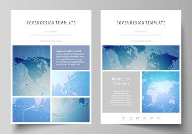 A4 formatında düzenlenebilir yerleşimini vektör çizim tasarım şablonları broşür, dergi, broşür, kitapçık, rapor için kapsar. Dünya harita üzerinde mavi, geometrik teknoloji tasarım, poligonal doku.