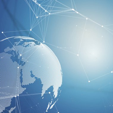 Çizgiler ve noktalar bağlama kimya desenli beyaz dünya küre. Molekül yapısı. Bilimsel tıbbi Dna araştırma. Bilim veya teknoloji kavramı. Geometrik tasarım arka plan.