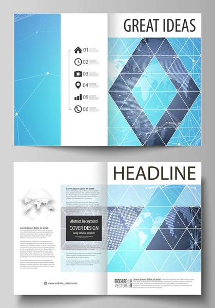 Vektorillustration av två A4 format moderna cover mockups redigerbara layout design mallar för broschyr, magazine, flyer. Abstrakt global design. Kemi mönster, molekyl struktur. — Stock vektor