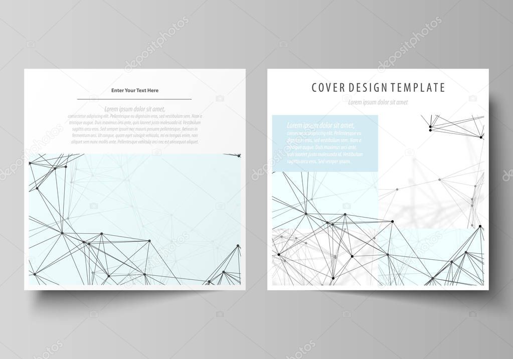 Business templates for square design brochure, flyer, report. Leaflet cover, vector layout. Chemistry pattern, connecting lines and dots, molecule structure on white, geometric graphic background.