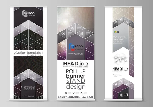 Stand per banner roll up, modelli di design piatto, business concept, vettoriali verticali aziendali, layout di bandiere. Triangoli di colore scuro, cerchi colorati. Astratto stile poligonale sfondo moderno — Vettoriale Stock