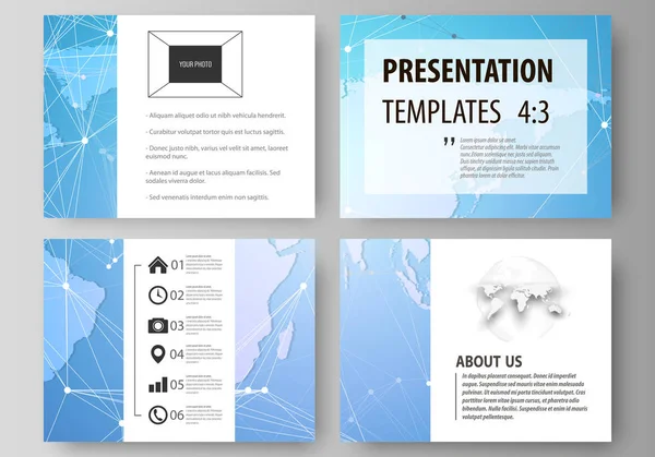 Die minimalistische abstrakte Vektorillustration des editierbaren Layouts der Präsentationsfolien gestaltet Geschäftsvorlagen. Weltkarte auf blauem, geometrischem Technologiedesign, polygonaler Textur. — Stockvektor