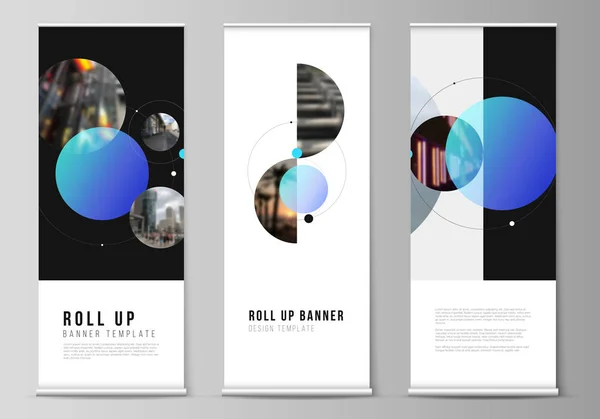 Rulla upp banner står, vertikala flygblad vektor layout, flaggor design business mallar. Enkel design futuristiska koncept. Kreativ bakgrund med cirklar som bildar planeter och stjärnor. — Stock vektor