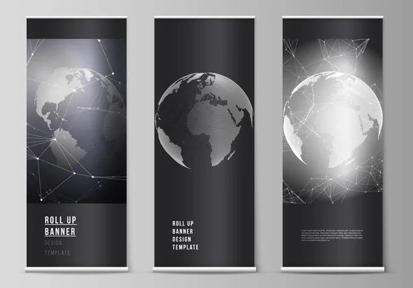 Vector layout of roll up banner stands, vertical flyers, flags design business templates. Futuristic design with world globe, connecting lines and dots. Global network connections, technology concept.