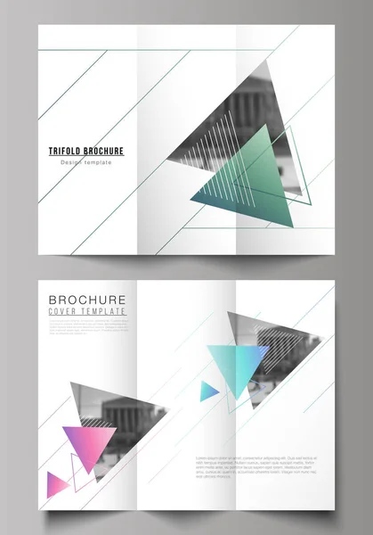 Die minimale Vektordarstellung editierbarer Layouts. moderne kreative Designvorlagen für dreifache Broschüren oder Flyer. bunte polygonale Hintergrund mit Dreiecken mit modernen Memphis-Muster — Stockvektor