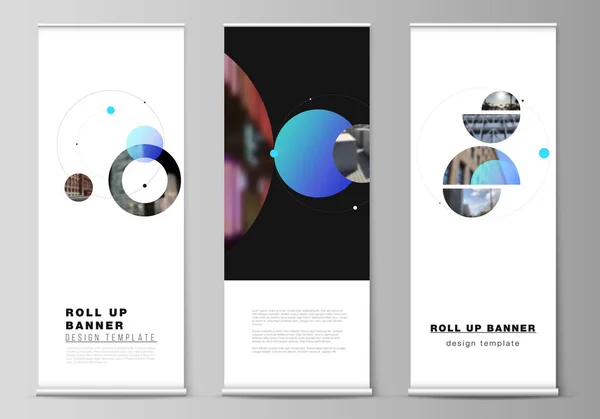 O layout vetorial de stands de banner roll up, folhetos verticais, modelos de negócios de design de bandeiras. Design simples conceito futurista. Fundo criativo com círculos que formam planetas e estrelas . — Vetor de Stock