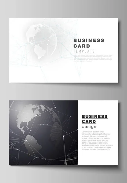 Vector editable layout of two creative business cards design templates. Futuristic geometric design with world globe, connecting lines and dots. Global network connections, technology digital concept. — Stock Vector