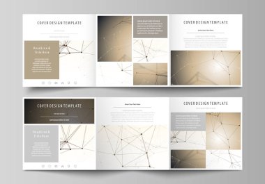 İş şablonları tri için kare tasarım broşür katlayın. Broşür kapak, kolay düzenlenebilir vektör düzeni. Teknoloji, bilim, tıp kavramı. Altın noktalar ve çizgiler, sibernetik dijital tarzı. Satırları pleksus
