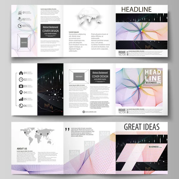 Modelos de negócio para folhetos de design quadrado de três dobras. Capa de folheto, layout vetorial. Fundo infográfico abstrato colorido em estilo minimalista feito de linhas, símbolos, gráficos, outros elementos . — Vetor de Stock