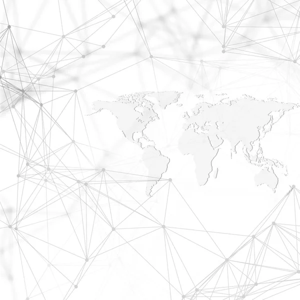 Mapa del mundo con patrón químico, líneas de conexión y puntos. Estructura molecular en blanco. Investigación científica del ADN médico. Concepto de ciencia o tecnología. Diseño geométrico fondo abstracto . — Vector de stock