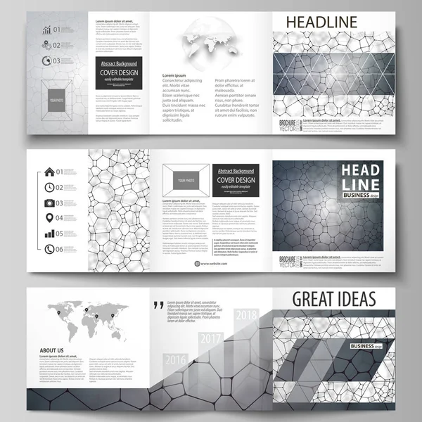 Modelos de negócio para folhetos de design quadrado de três dobras. Capa de folheto, layout vetorial. Padrão químico, textura molecular, estrutura molecular poligonal, célula. Medicina, ciência, conceito de microbiologia — Vetor de Stock