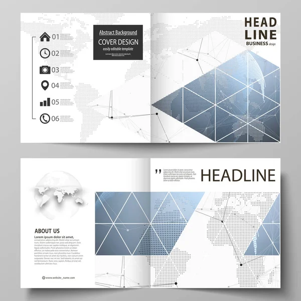 矢量图的两个封面模板的可编辑布局为广场设计双折叠小册子、 杂志、 传单、 小册子。世界地球仪上蓝色。全球网络连接，线条和点. — 图库矢量图片