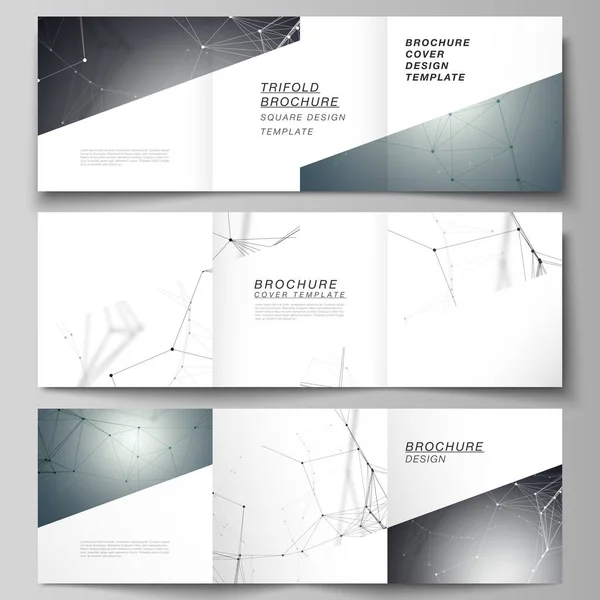 Vector layout of square format covers design templates for trifold brochure, flyer. Futuristic design with world globe, connecting lines and dots. Global network connections, technology concept. — Stock Vector