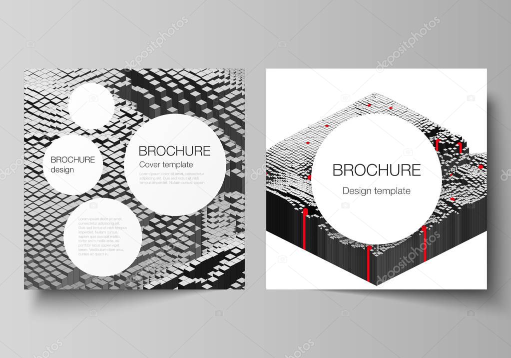 Minimal vector layout of two square format covers design templates for brochure, flyer, magazine. Big data. Dynamic geometric background. Cubes pattern design with motion effect. 3d technology style.