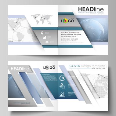İki kapakları Şablonu düzenlenebilir yerleşimini vektör çizim için kare tasarım BI broşür, dergi, broşür, kitapçık katlama. Dünya küre mavi. Genel ağ bağlantıları, çizgiler ve noktalar.