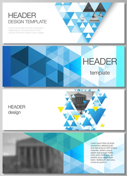 L'illustration vectorielle minimaliste de la disposition modifiable des en-têtes, des modèles de conception de bannières. Fond polygonal de couleur bleue avec triangles, motif mosaïque coloré . — Image vectorielle