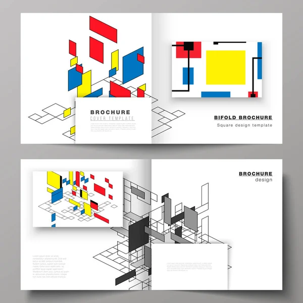 Η εικονογράφηση διάνυσμα των δύο καλύπτει πρότυπα για τετράγωνο σχέδιο bifold φυλλάδιο, περιοδικό, φυλλάδιο, βιβλιαράκι. Αφηρημένα φόντο πολυγωνικό, πολύχρωμο μωσαϊκό, ρετρό bauhaus de stijl σχεδιασμός. — Διανυσματικό Αρχείο