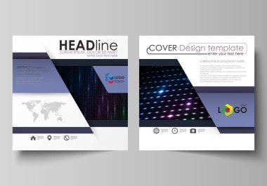 Kare broşür, dergi, el ilanı için iş şablonları. Kapak broşür, düzen düz. Soyut renkli neon nokta, teknolojik altyapı noktalı. Parlayan parçacıklar, fütüristik dijital vektör tasarımı.