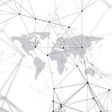 Soyut fütüristik ağ şekiller. Yüksek teknoloji arka plan, bağlayan çizgiler ve noktalar, poligonal doğrusal doku. Dünya harita üzerinde beyaz. Veri kavramı küresel ağ bağlantıları, geometrik tasarım, kazmak.