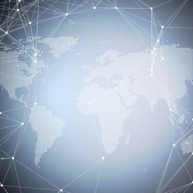 Dünya Haritası kimya desenli çizgiler ve noktalar bağlama noktalı. Mavi molekül yapısı. Bilimsel tıbbi Dna araştırma. Bilim veya teknoloji kavramı. Geometrik tasarım arka plan