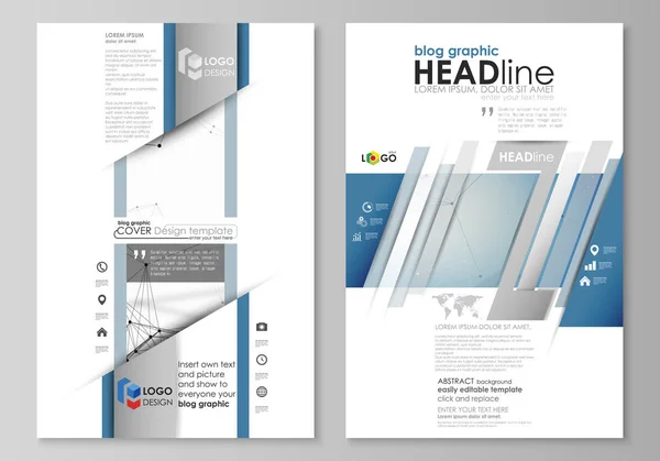 Modelos de negócios gráficos de blog. Página modelo de design do site, fácil editável layout vetorial abstrato. Fundo azul geométrico da cor, estrutura da molécula, conceito da ciência. Linhas e pontos conectados — Vetor de Stock