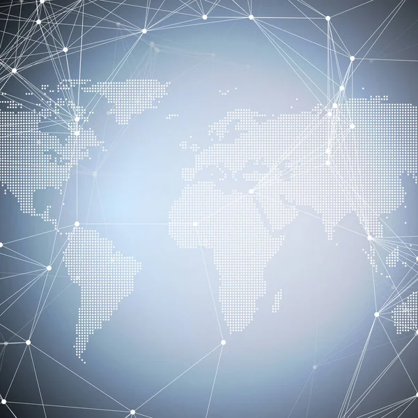 Mapa świata kropkowana z chemii wzór, łączenie linii i kropek. Struktura cząsteczki na niebiesko. Naukowe badania medyczne Dna. Pojęcie nauki lub technologii. Geometryczny projekt streszczenie tło — Wektor stockowy