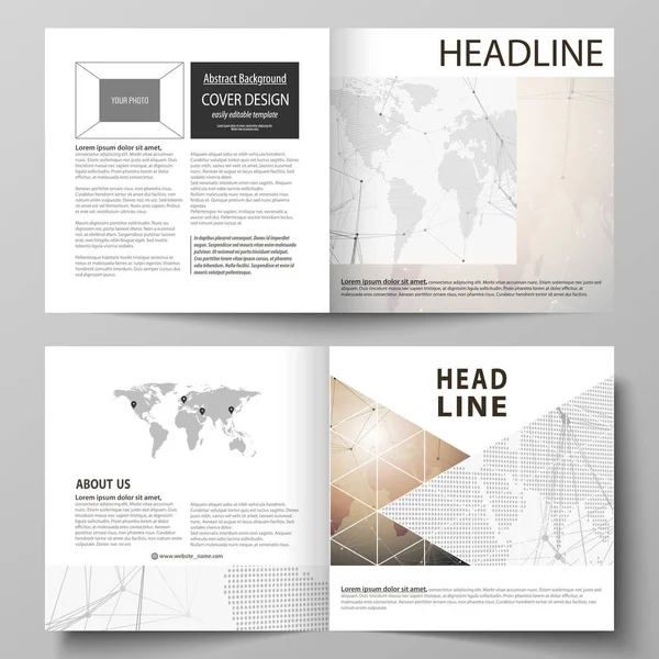 Die Vektorillustration des editierbaren Layouts von zwei Covervorlagen für quadratische Design-Doppelfaltenbroschüre, Magazin, Flyer, Booklet. globale Netzwerkverbindungen, technologischer Hintergrund mit Weltkarte. — Stockvektor