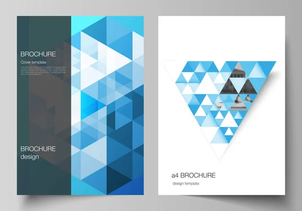 De indeling van de vector van A4 formaat moderne cover testmodellen ontwerpsjablonen voor brochure, magazine, flyer, brochure, jaarverslag. Blauwe kleur veelhoekige achtergrond met driehoeken, kleurrijke mozaïek patroon. — Stockvector