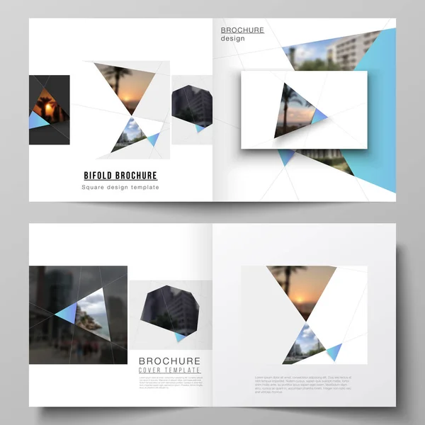 The vector layout of two covers templates for square design bifold brochure, magazine, flyer, booklet. Creative modern background with blue triangles and triangular shapes. Simple design decoration. — Stock Vector