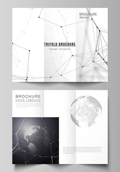 Layout vettoriali dei modelli di design delle copertine per brochure trifold o flyer. Design geometrico futuristico con globo del mondo, linee di collegamento e punti. Connessioni di rete globali, tecnologia concetto digitale — Vettoriale Stock