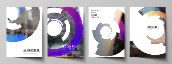 Vector layout of A4 format modern cover mockups design templates for brochure, magazine, flyer, booklet, report. Futuristic design circular pattern, circle elements forming geometric frame for photo.